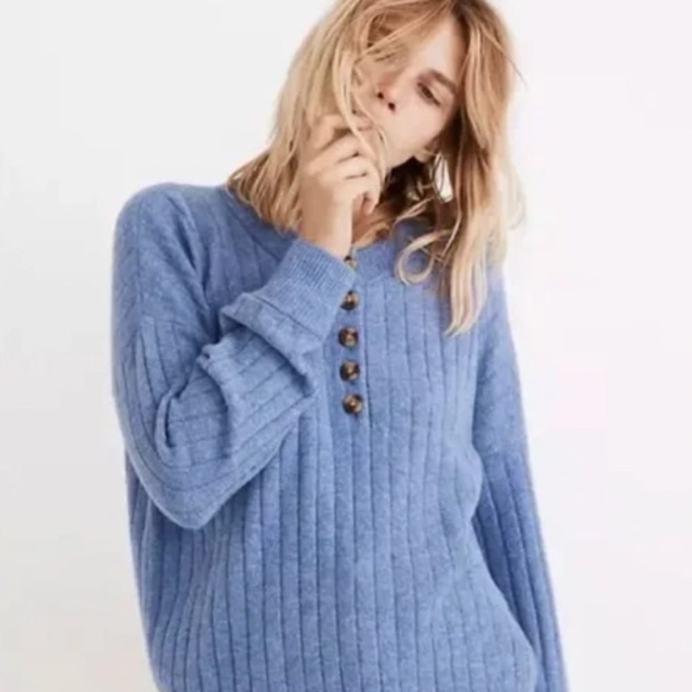 Madewell Bowden Blue Heather Sky Henley Sweater in Coziest Yarn